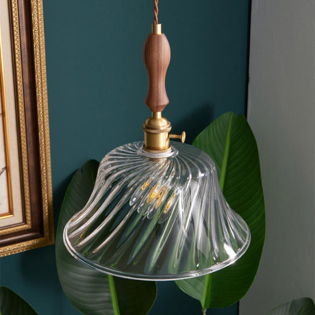 Vintage Brass Swirled Glass Bowl Pendant Light Image - 2