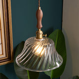 Vintage Brass Swirled Glass Bowl Pendant Light Image - 3