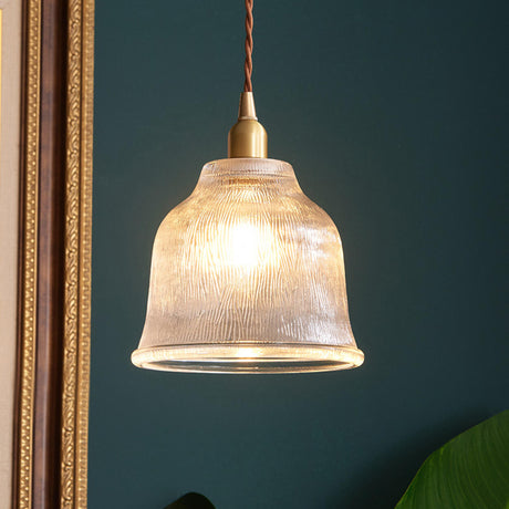 Vintage Brass Textured Glass Bell Pendant Light Image - 1