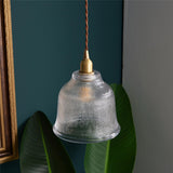 Vintage Brass Textured Glass Bell Pendant Light Image - 11