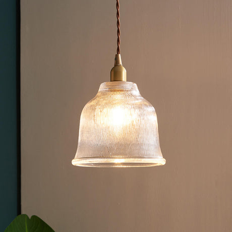 Vintage Brass Textured Glass Bell Pendant Light Image - 2