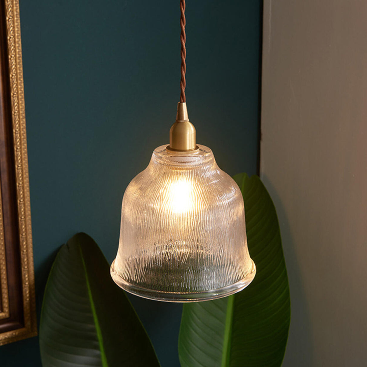 Vintage Brass Textured Glass Bell Pendant Light Image - 4