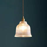 Vintage Brass Textured Glass Bell Pendant Light Image - 6