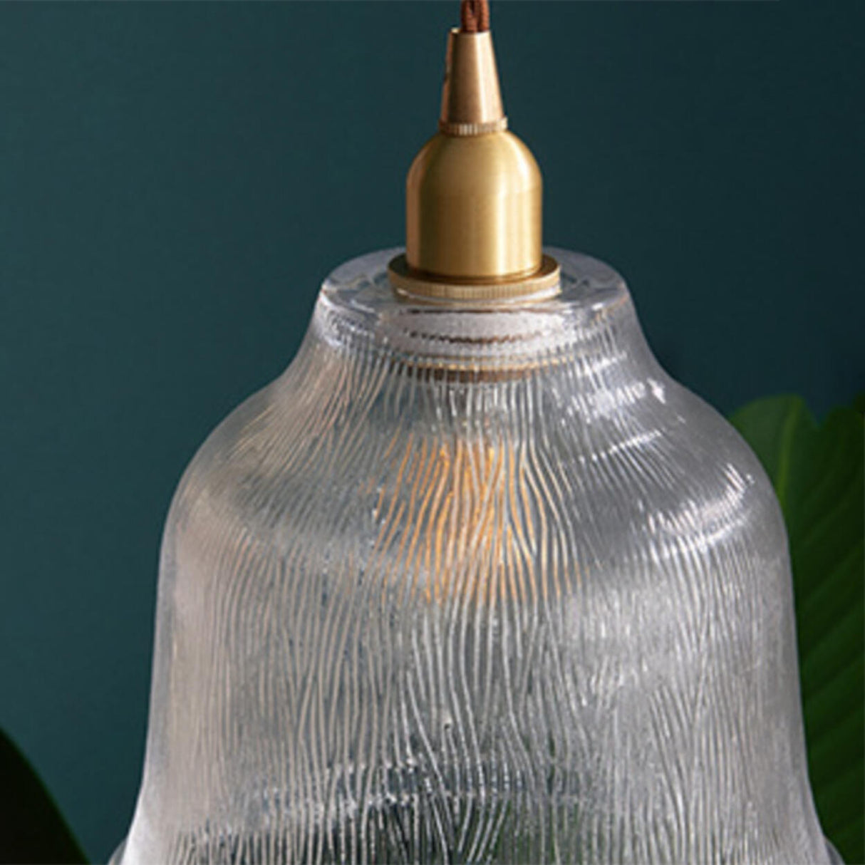 Vintage Brass Textured Glass Bell Pendant Light Image - 8