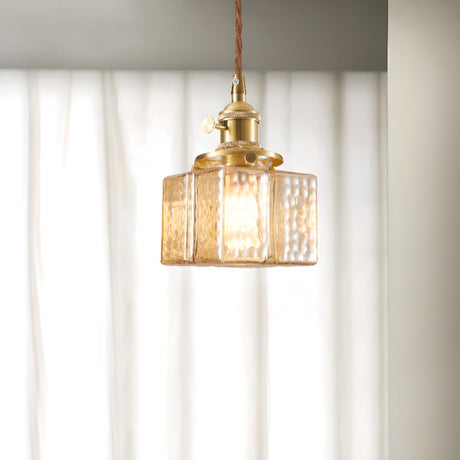 Vintage Brass Textured Glass Geometric Pendant Light Image - 2