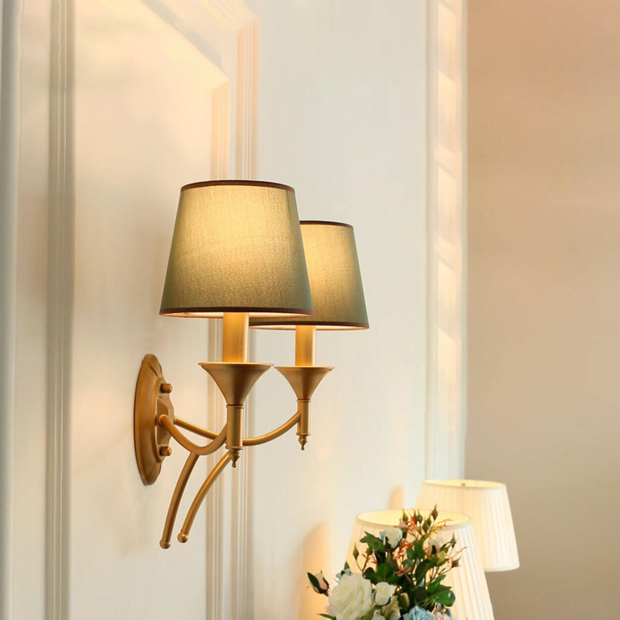 Vintage Brass Wall Sconces with Fabric Shades Image - 11