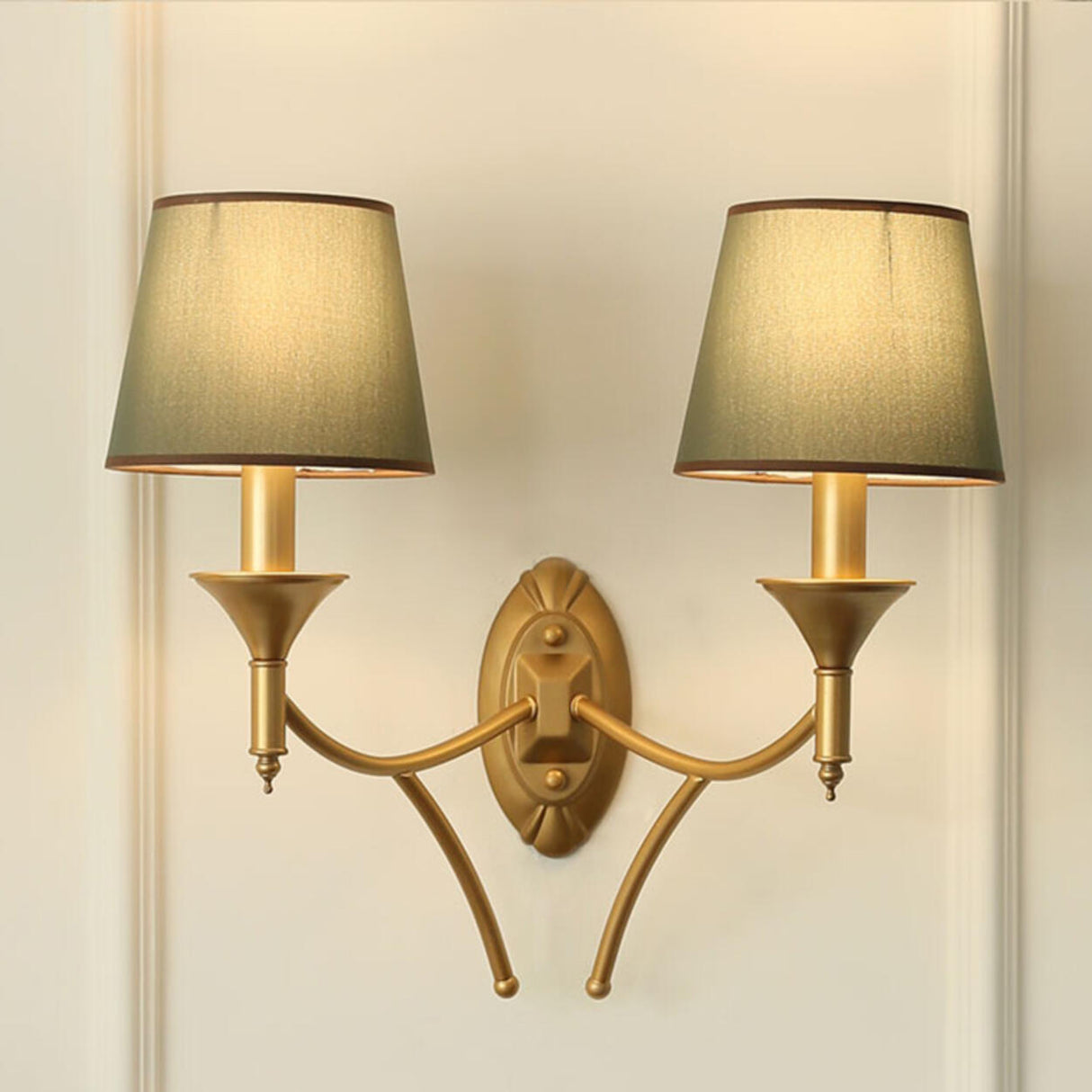 Vintage Brass Wall Sconces with Fabric Shades Image - 17