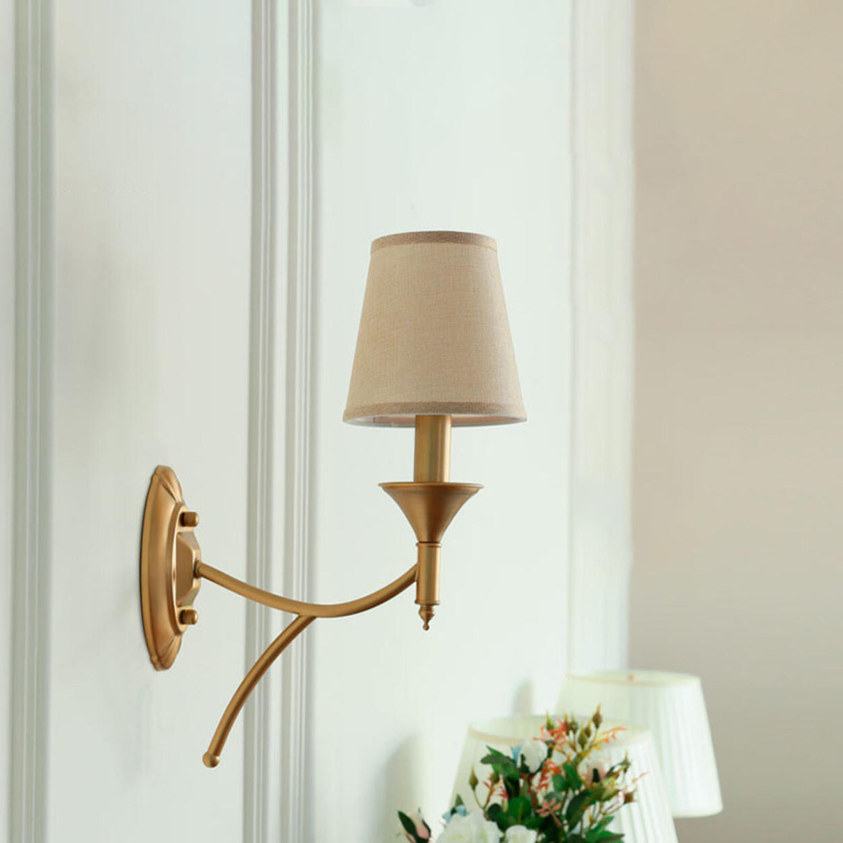 Vintage Brass Wall Sconces with Fabric Shades Image - 3