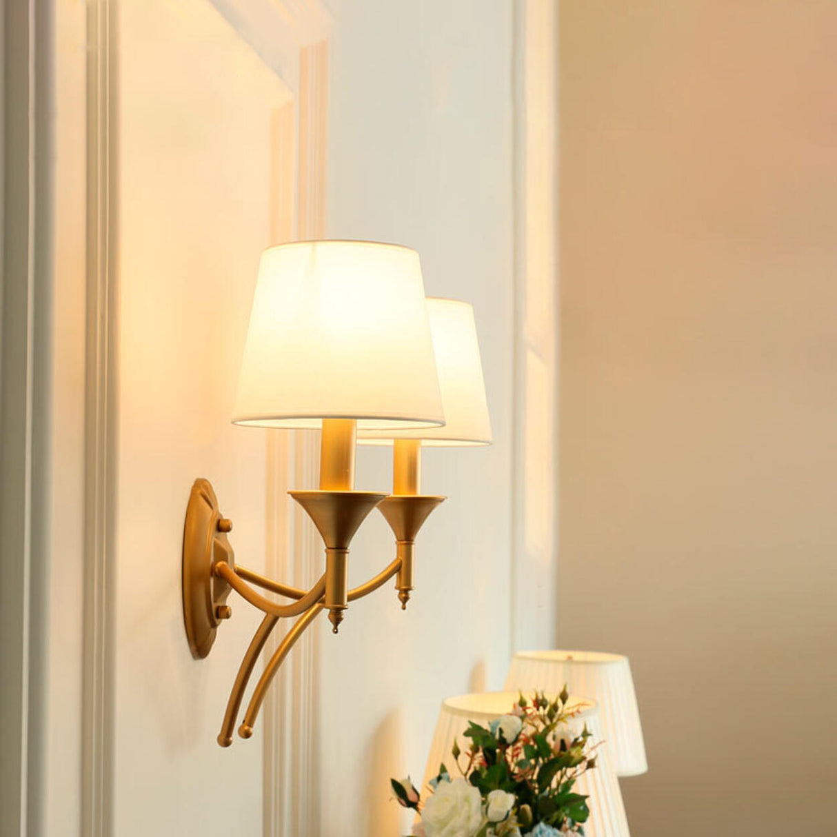 Vintage Brass Wall Sconces with Fabric Shades Image - 7