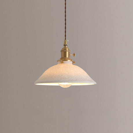 Vintage Brass White Ceramic Dome Pendant Light Image - 2