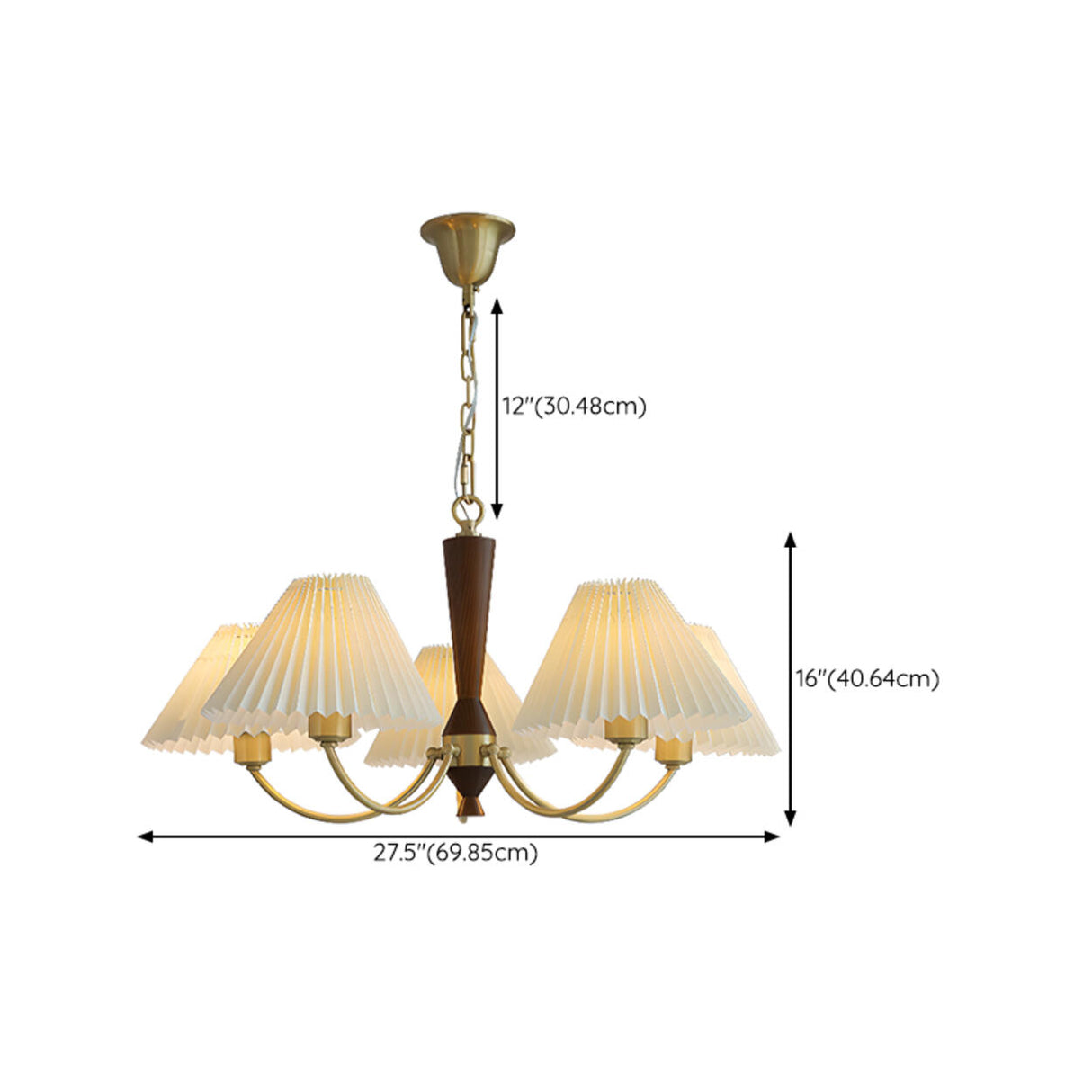 Vintage Brass White Pleated Chandelier Adjustable Height Image - 11