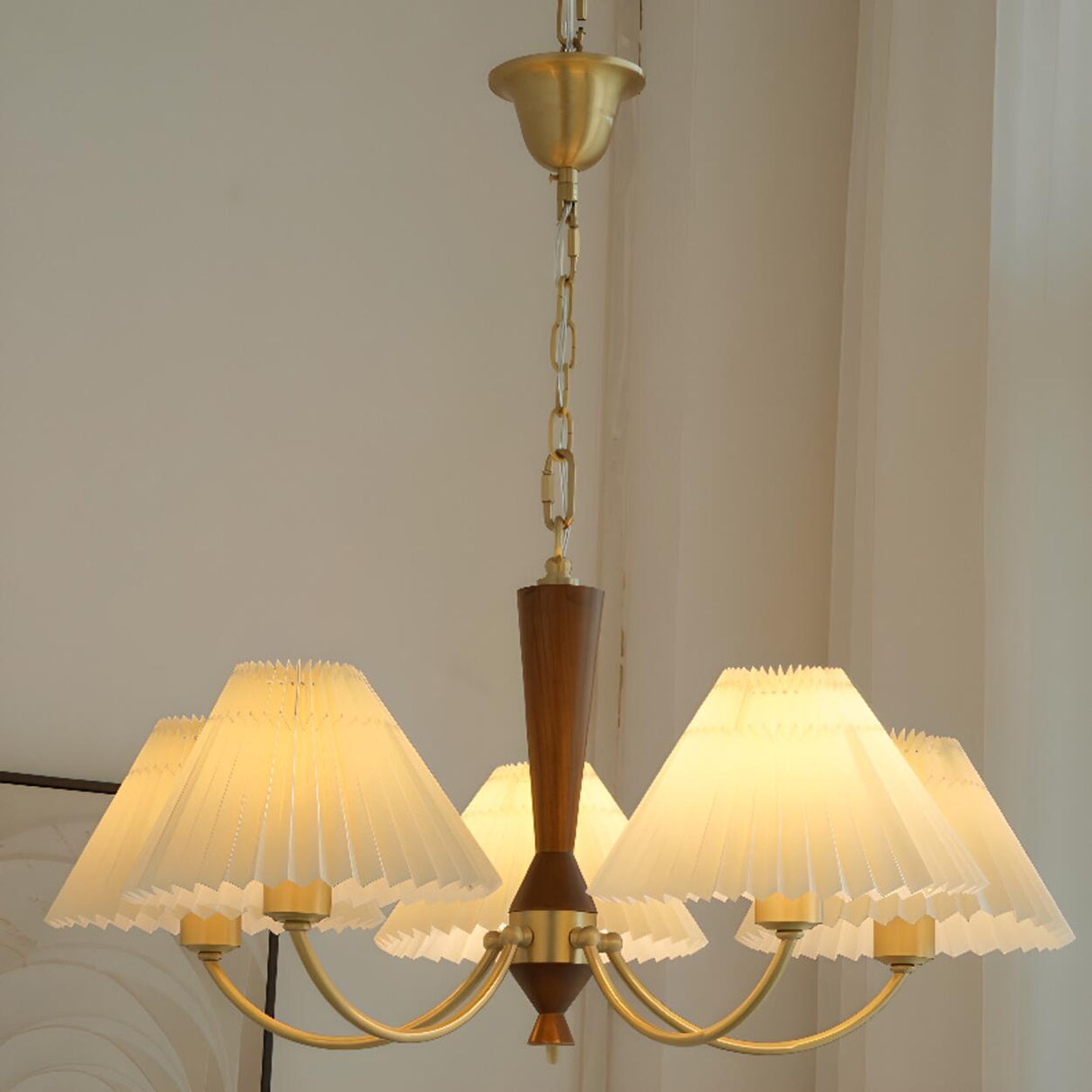 Vintage Brass White Pleated Chandelier Adjustable Height Image - 4