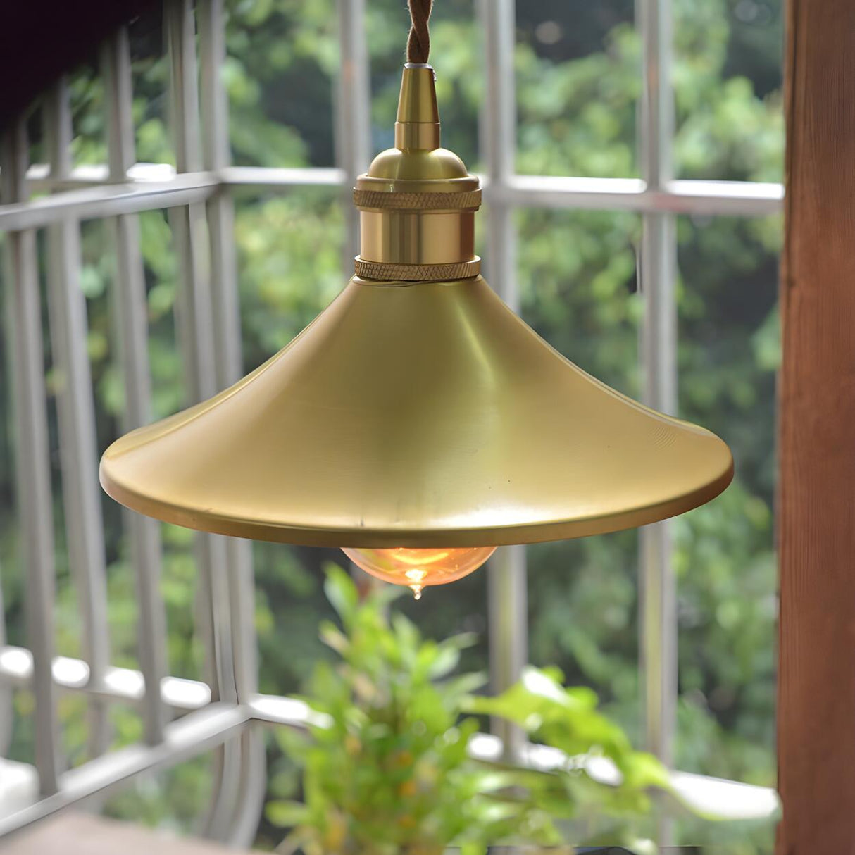 Vintage Brass Wide Flared Living Room Pendant Light Image - 2