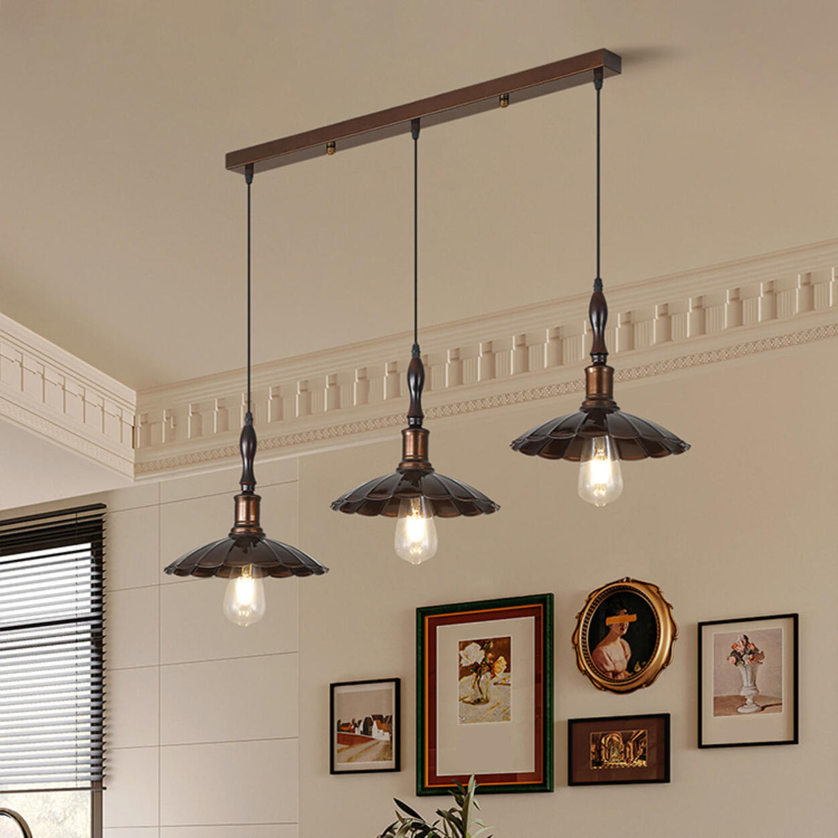 Vintage Brown Alloy Cone Dining Room Pendant Light Image - 6