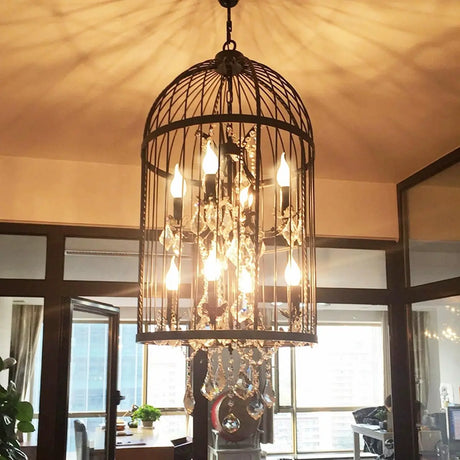 Vintage Cage Candle Crystal Living Room Black Chandelier Image - 1