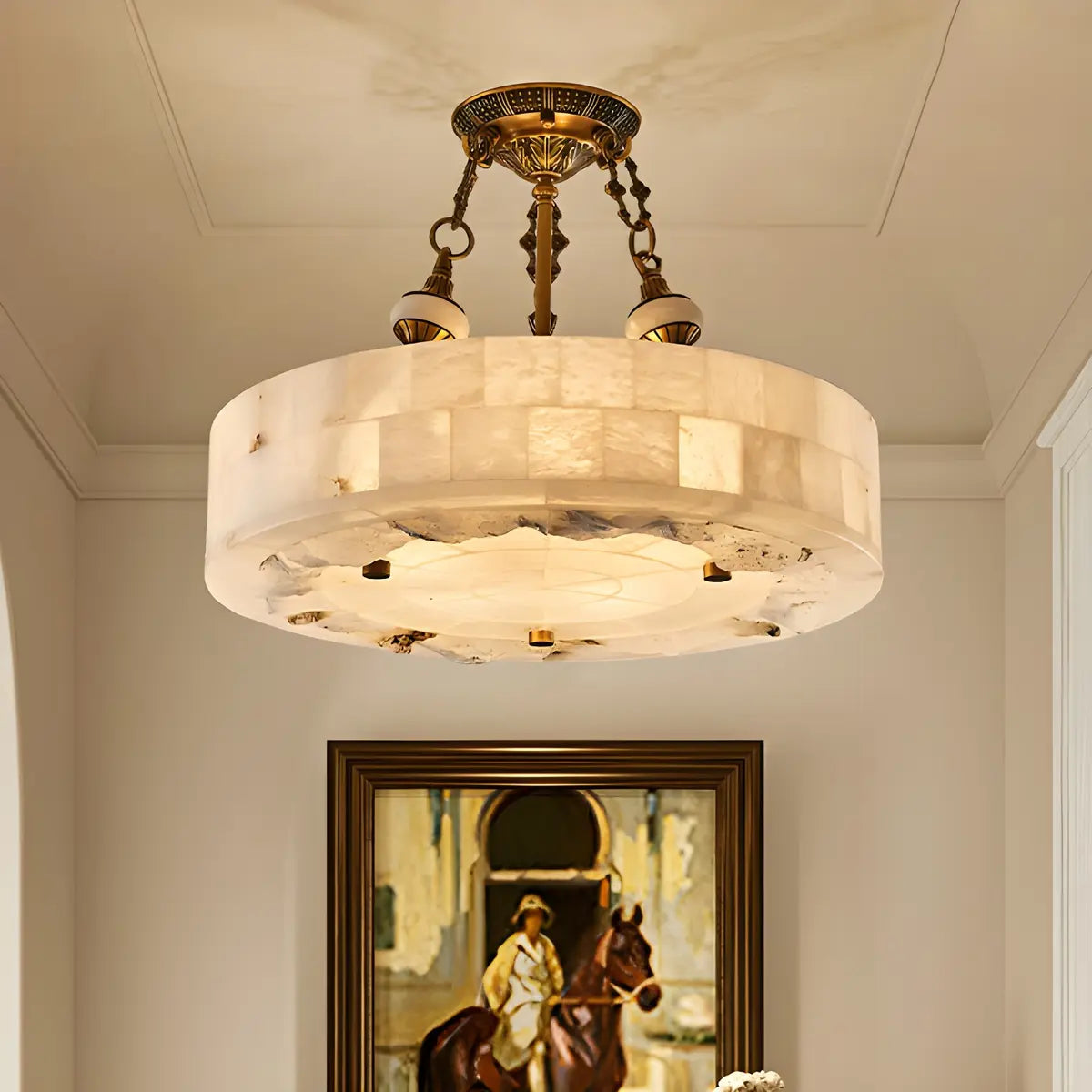 Vintage Circular Alabaster Gold Pendant Light Chandelier Image - 1