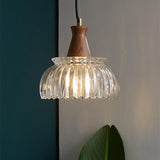 Vintage Clear Glass Walnut Wood Bell Round Pendant Light Image - 4