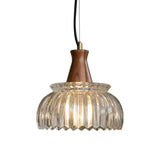 Vintage Clear Glass Walnut Wood Bell Round Pendant Light Image - 5