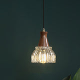 Vintage Clear Glass Walnut Wood Bell Round Pendant Light Image - 6