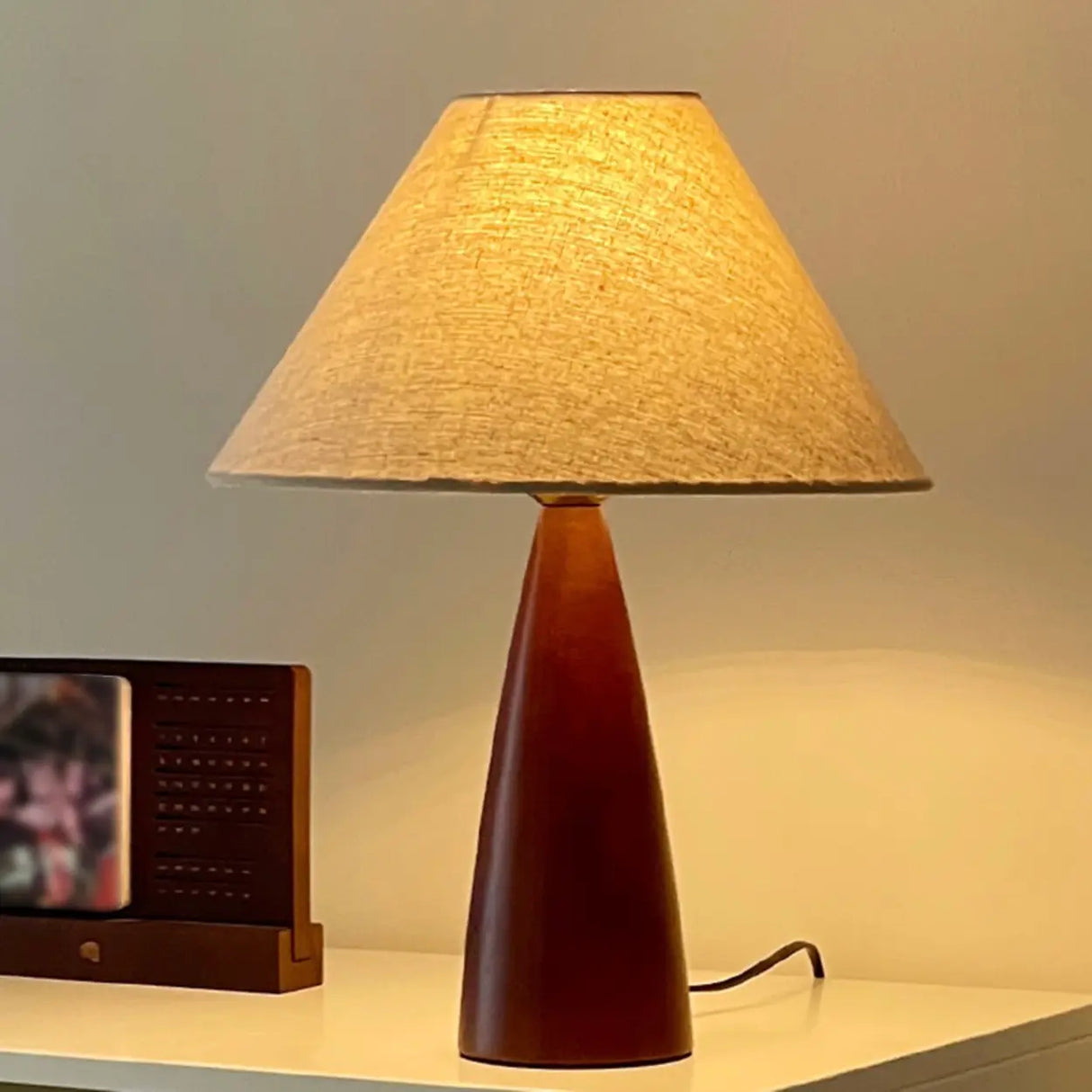 Vintage Conical Fabric Shade Walnut Bedside Table Lamp Image - 1