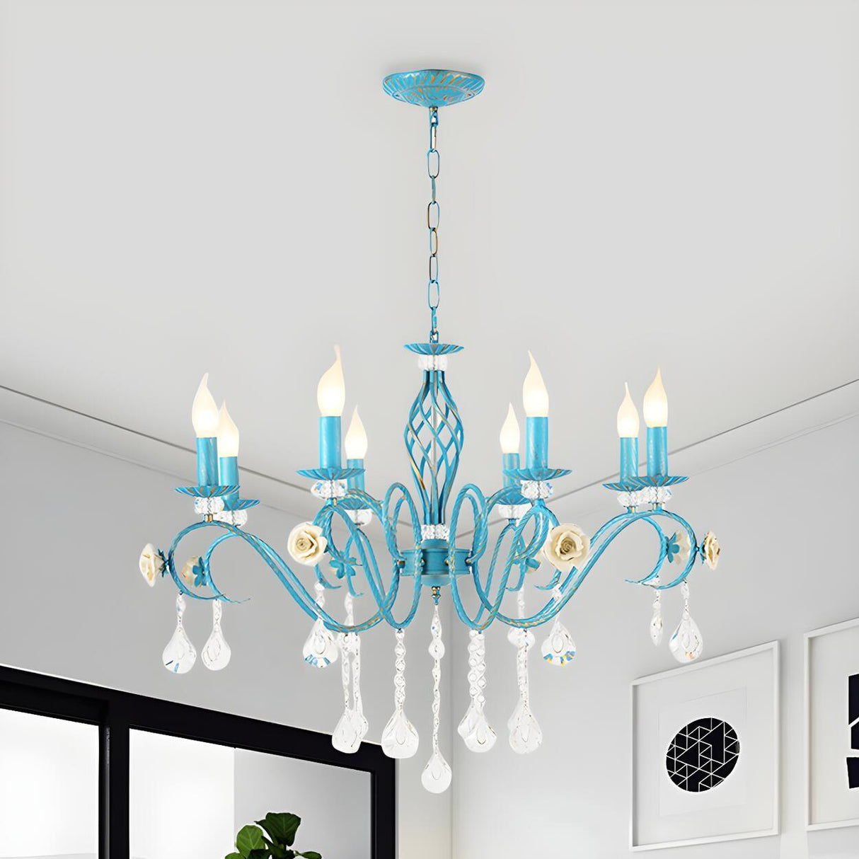 Vintage Crystal Candle Blue Chandelier Dining Room Image - 10