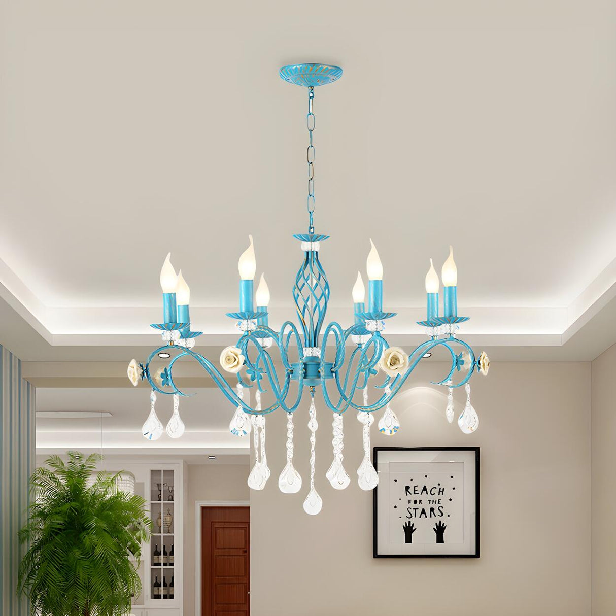 Vintage Crystal Candle Blue Chandelier Dining Room Image - 11