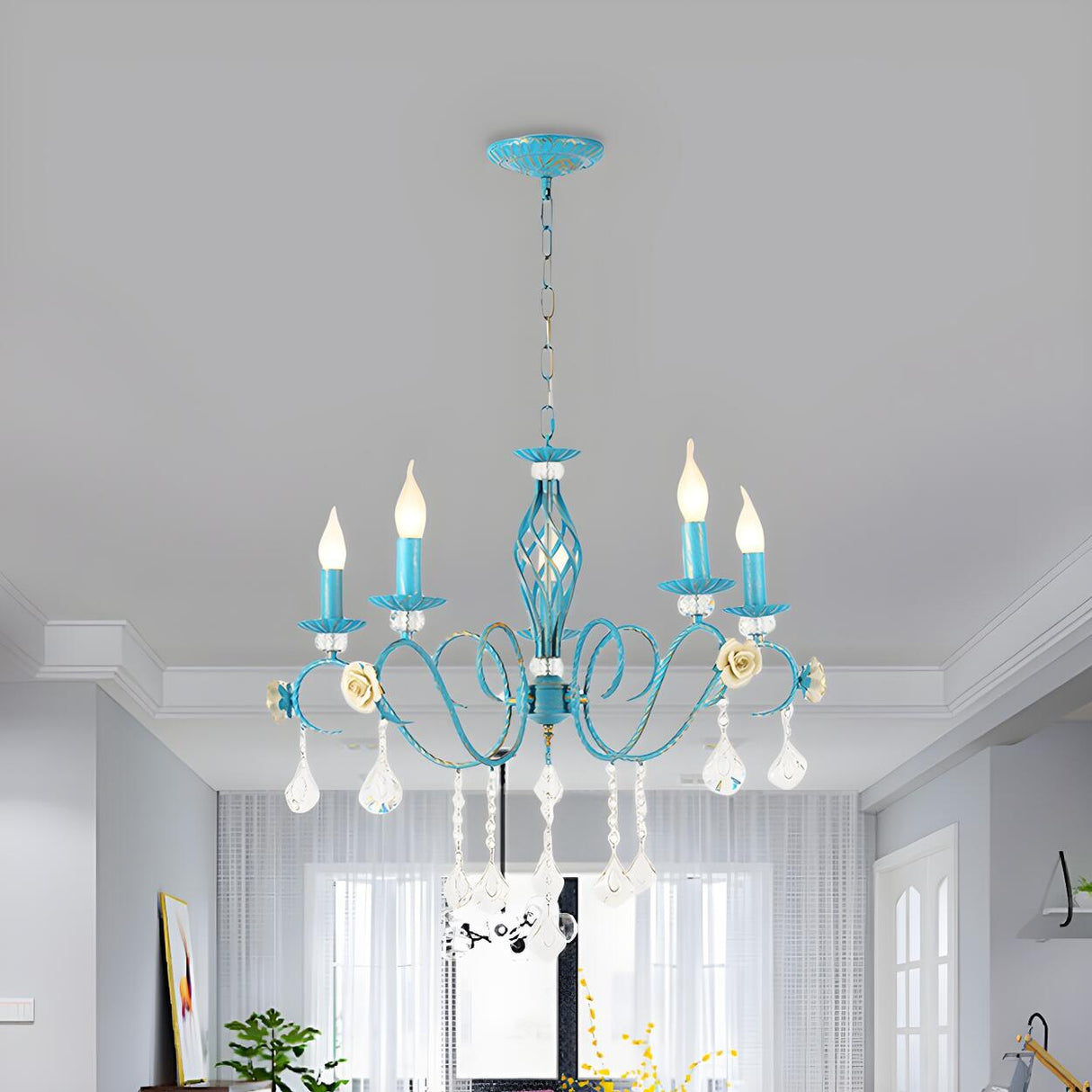 Vintage Crystal Candle Blue Chandelier Dining Room Image - 6