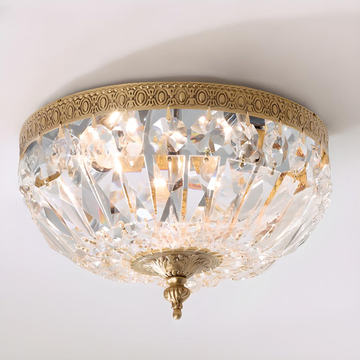 Vintage Crystal Gold Bowl Flush Mount Light Antique Brass Image - 6