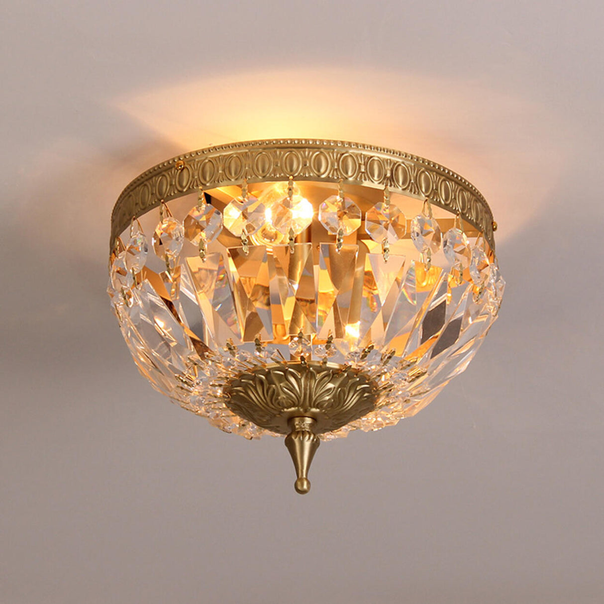 Vintage Crystal Gold Bowl Flush Mount Light Antique Brass Image - 7