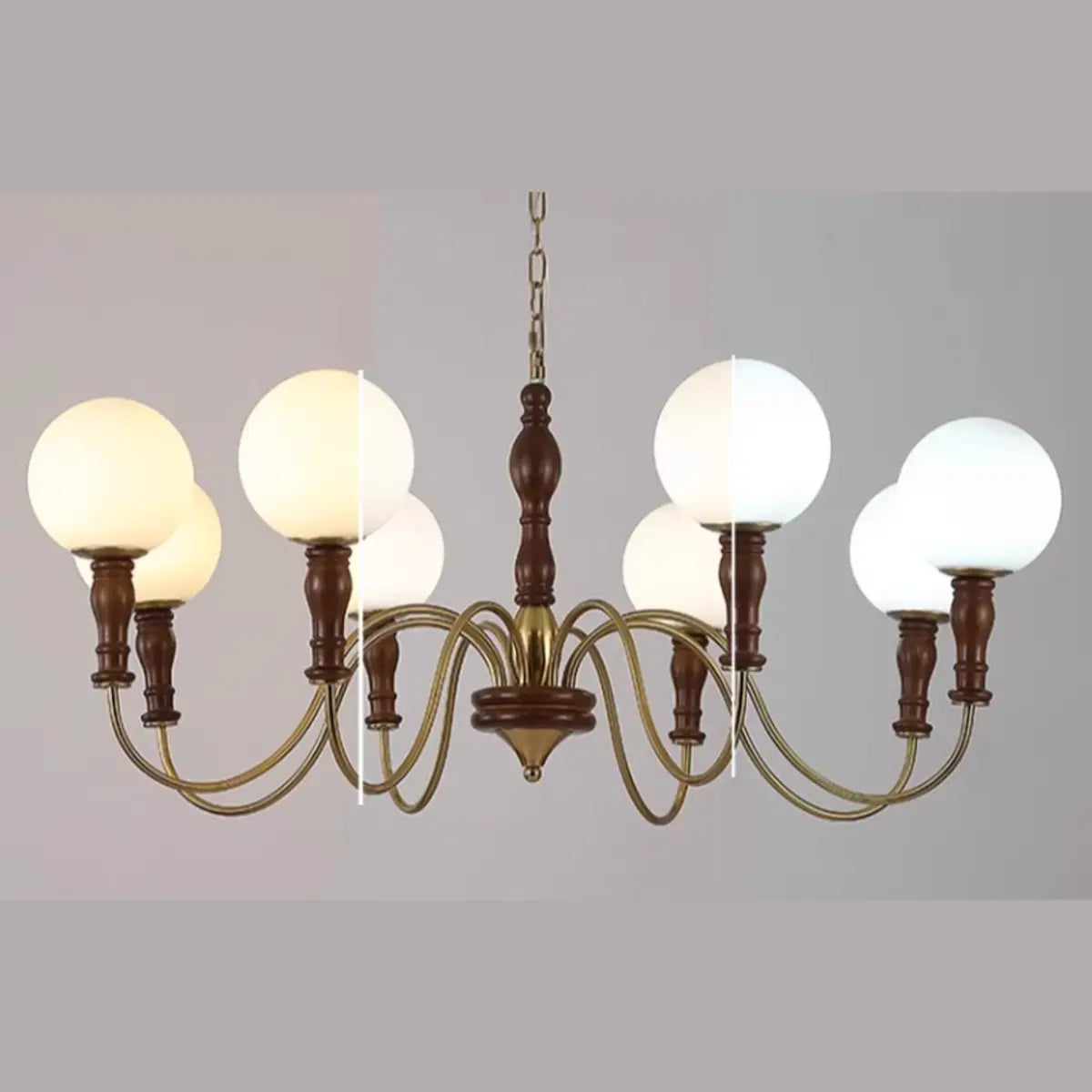 Vintage Curved Ball Wood Metal Brown 6-Light Chandelier Image - 10