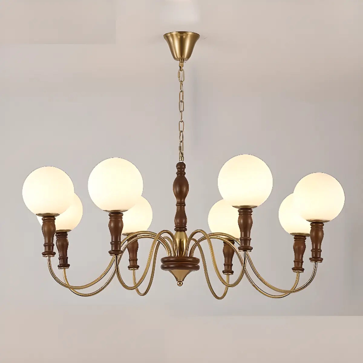 Vintage Curved Ball Wood Metal Brown 6-Light Chandelier Image - 19