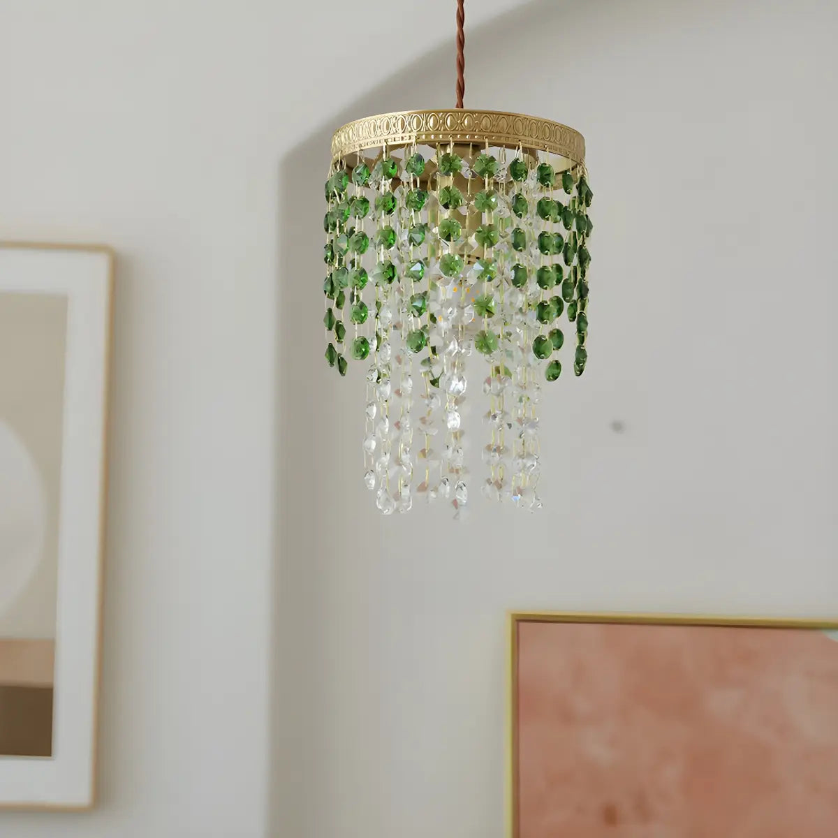 Vintage Cylinder Green Crystal Bead Brass Pendant Light Image - 15