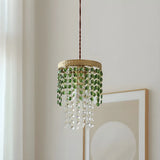 Vintage Cylinder Green Crystal Bead Brass Pendant Light Image - 8