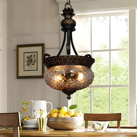 Vintage Dining Room Amber Glass Bowl Pendant Chandelier Image - 1