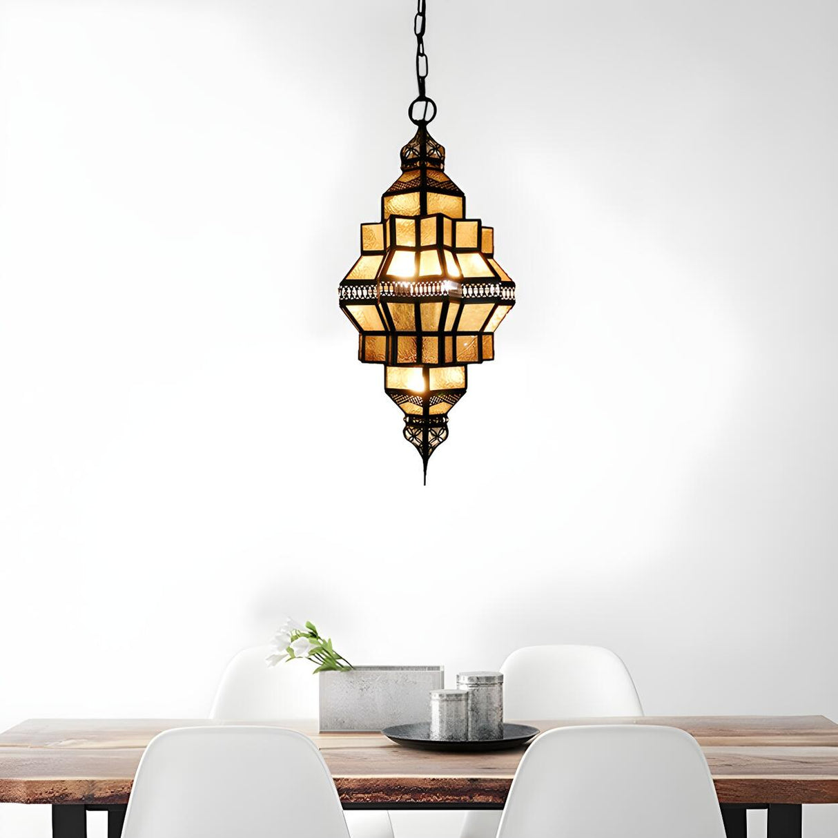 Vintage Dining Room Amber Glass Lantern Chandelier Image - 3