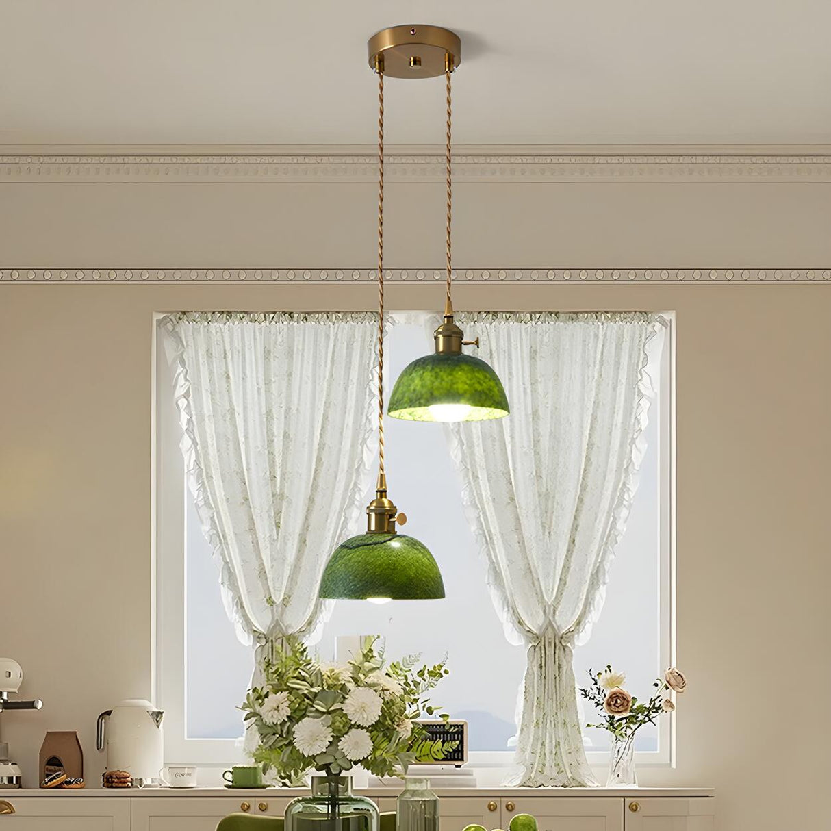 Vintage Dining Room Green Stone Metal Dome Pendant Light Image - 1