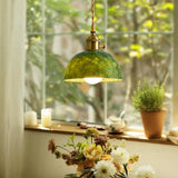 Vintage Dining Room Green Stone Metal Dome Pendant Light Image - 12