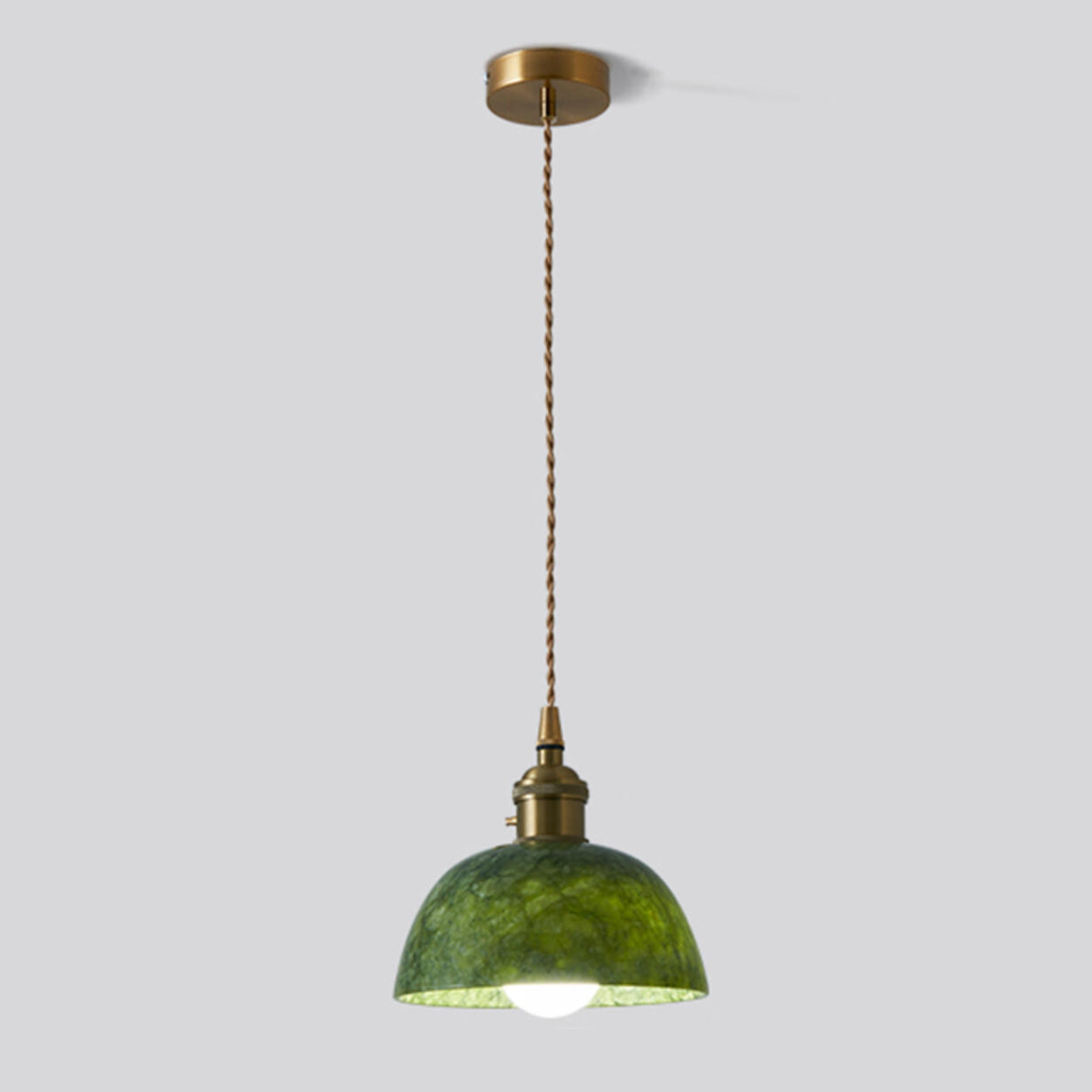 Vintage Dining Room Green Stone Metal Dome Pendant Light Image - 2