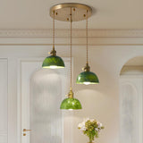 Vintage Dining Room Green Stone Metal Dome Pendant Light Image - 3