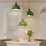 Vintage Dining Room Green Stone Metal Dome Pendant Light Image - 5