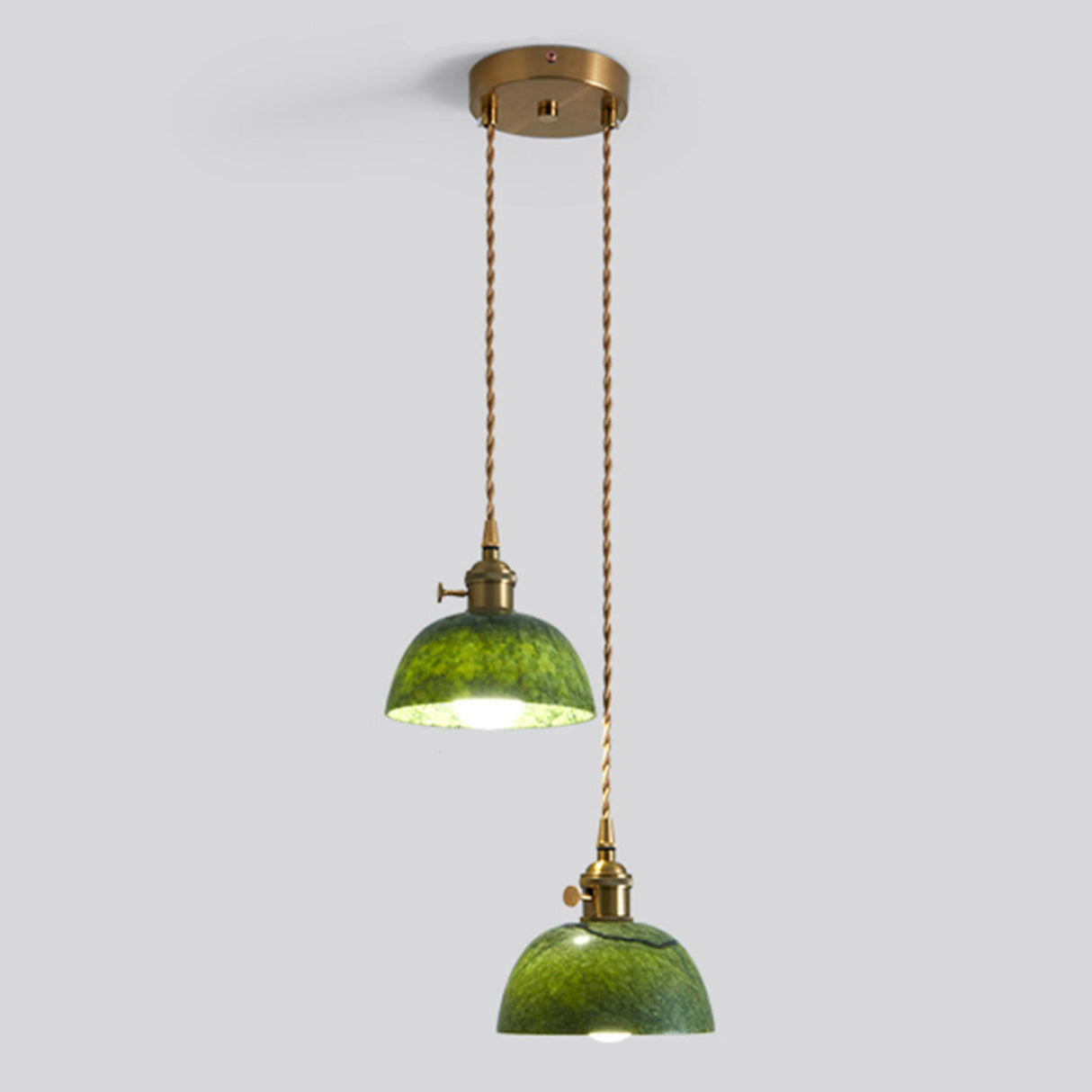 Vintage Dining Room Green Stone Metal Dome Pendant Light Image - 6