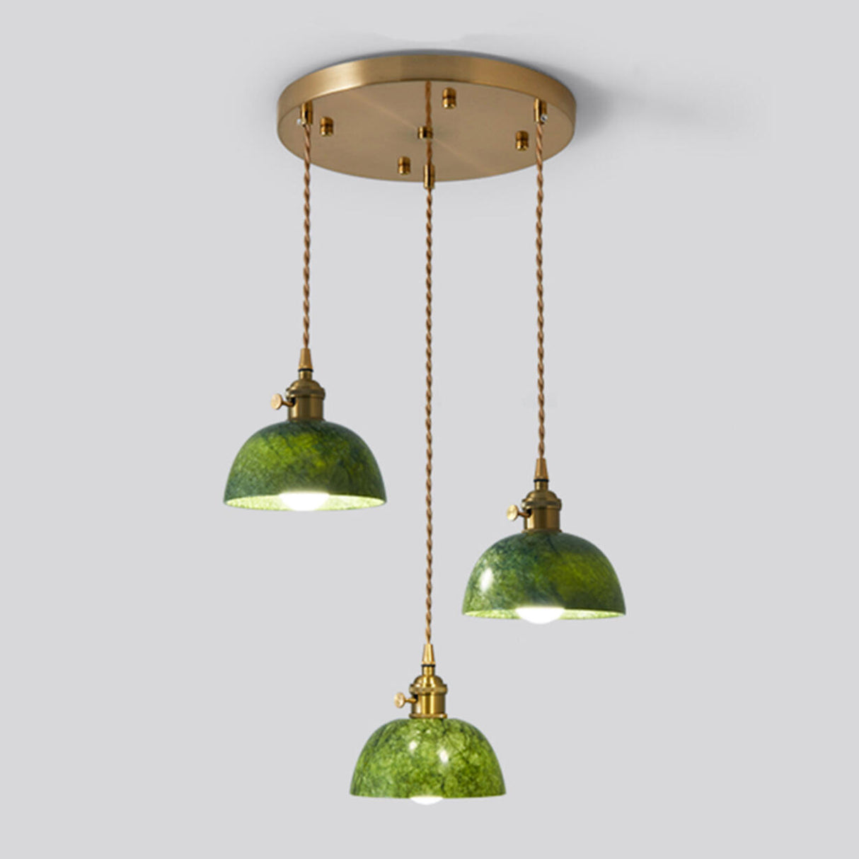 Vintage Dining Room Green Stone Metal Dome Pendant Light Image - 7