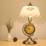 Vintage Dome Flower Glass Shade Table Lamp with Clock Image - 1