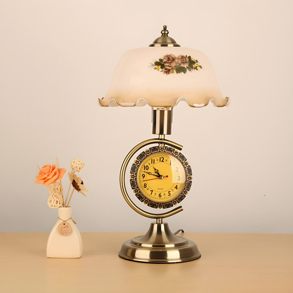 Vintage Dome Flower Glass Shade Table Lamp with Clock Image - 10