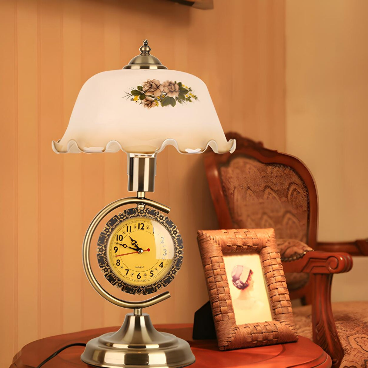 Vintage Dome Flower Glass Shade Table Lamp with Clock Image - 11