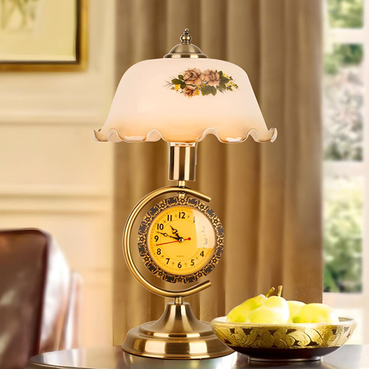 Vintage Dome Flower Glass Shade Table Lamp with Clock Image - 3