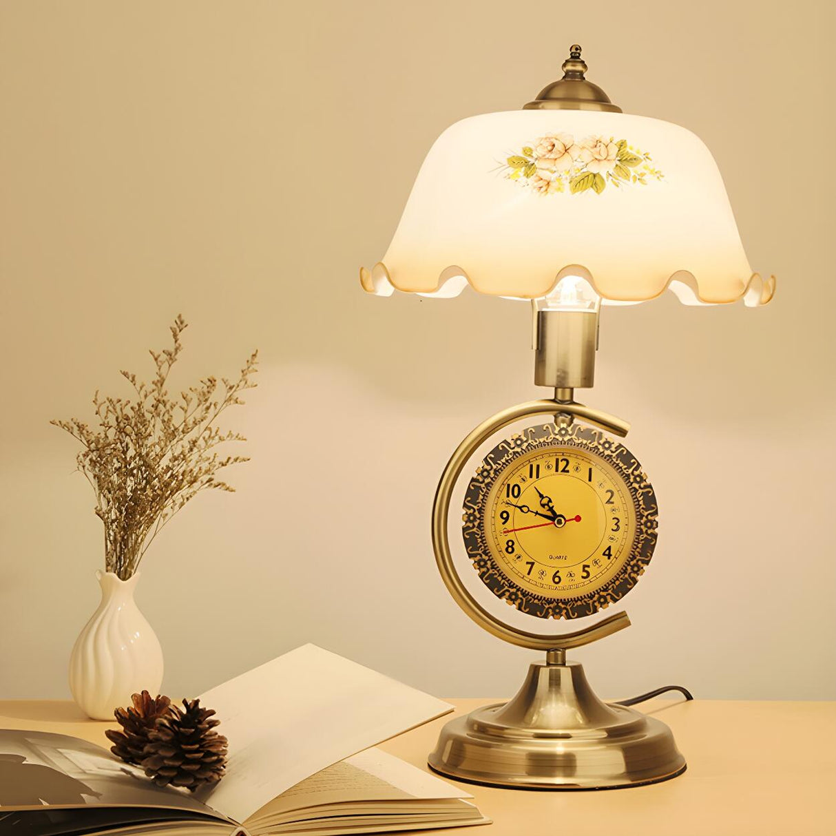 Vintage Dome Flower Glass Shade Table Lamp with Clock Image - 4