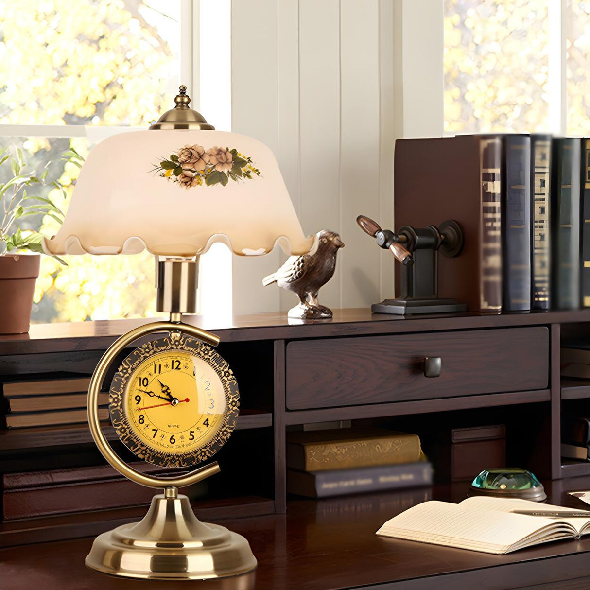 Vintage Dome Flower Glass Shade Table Lamp with Clock Image - 9