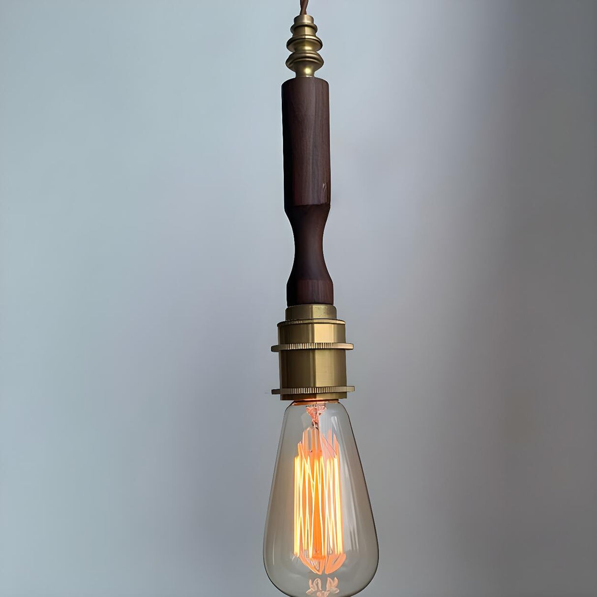 Vintage Edison Bulb Brass and Wood Walnut Pendant Light Image - 3