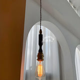 Vintage Edison Bulb Brass and Wood Walnut Pendant Light Image - 4